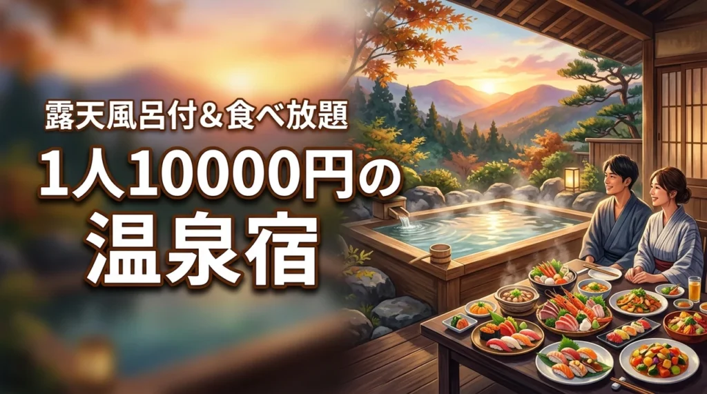 1人10000円の旅行なら、露天風呂付客室と食べ放題で決まり。